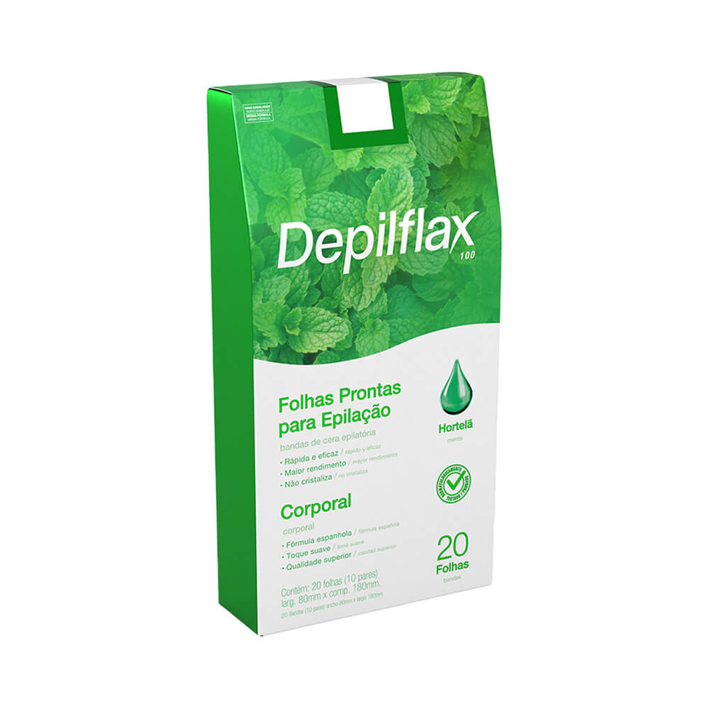 Folhas Prontas Depilflax Depilação Corporal Hortelã 20 Unidades - embalagem verde com ilustração de hortelã