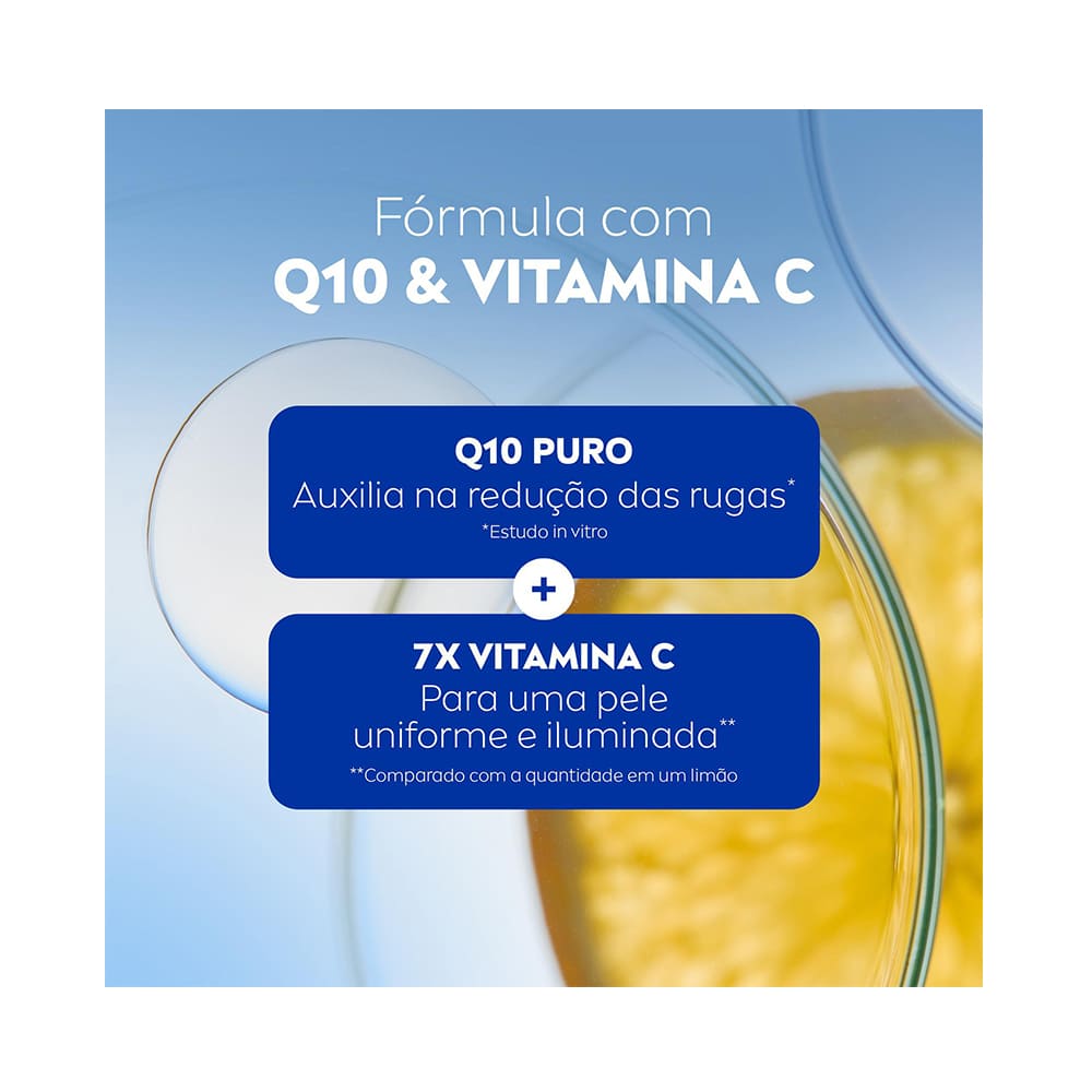 Detalhe da fórmula Nivea Q10 Power Energy com destaque para Q10 e vitamina C
