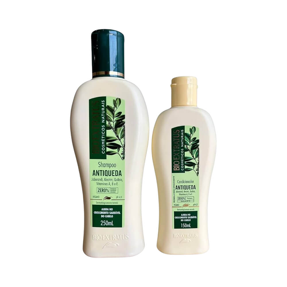 Detalhe do shampoo e condicionador Bio Extratus Jaborandi lado a lado