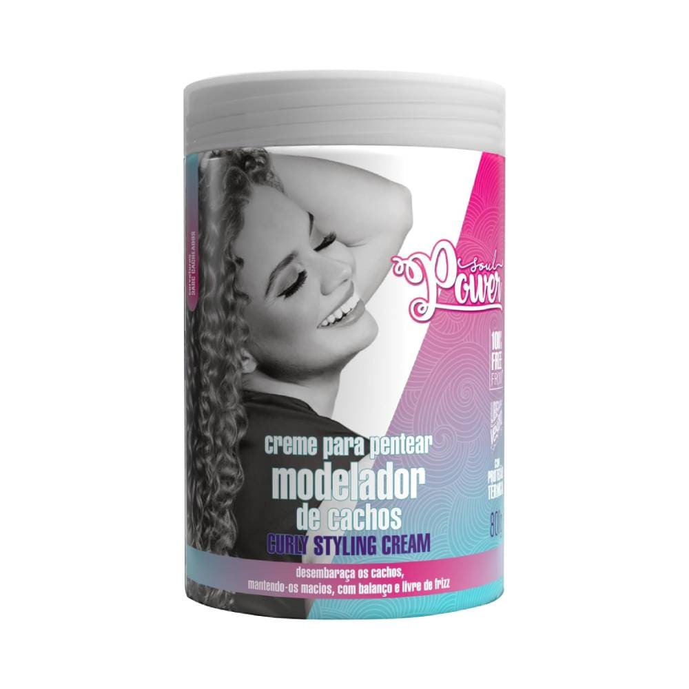 Pote de Creme para Pentear Soul Power Curly Styling Cream 800g com rótulo rosa e azul