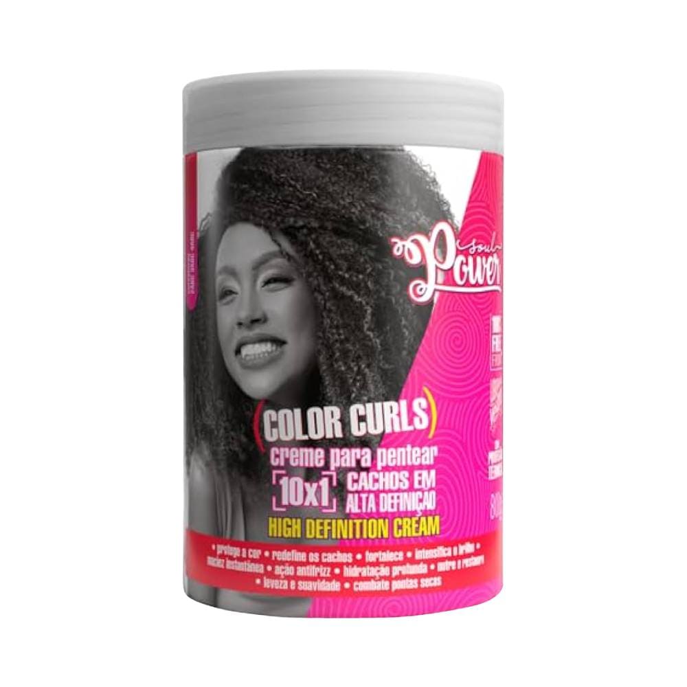 Pote do Creme para Pentear Soul Power Color Curls 800g com mulher negra e cachos volumosos