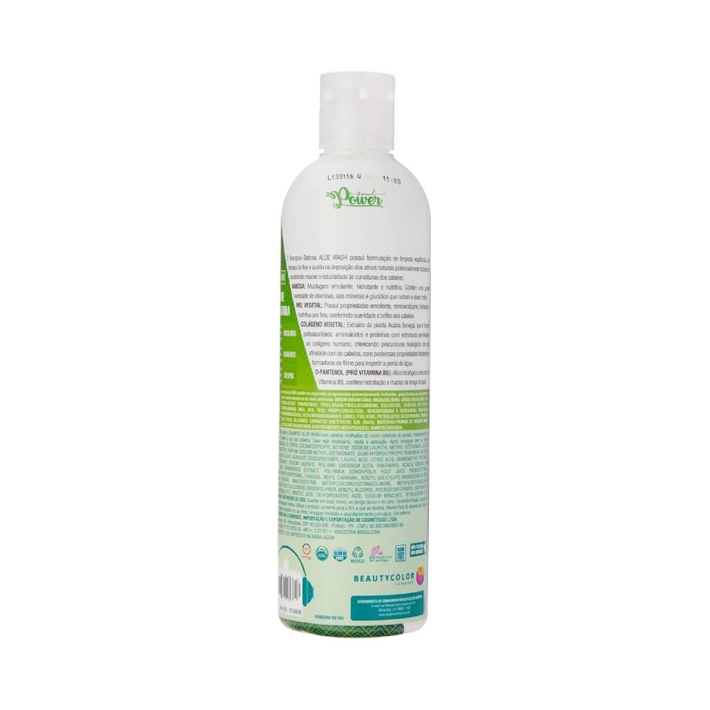 Verso do frasco com ingredientes e modo de uso do Shampoo Babosa Soul Power