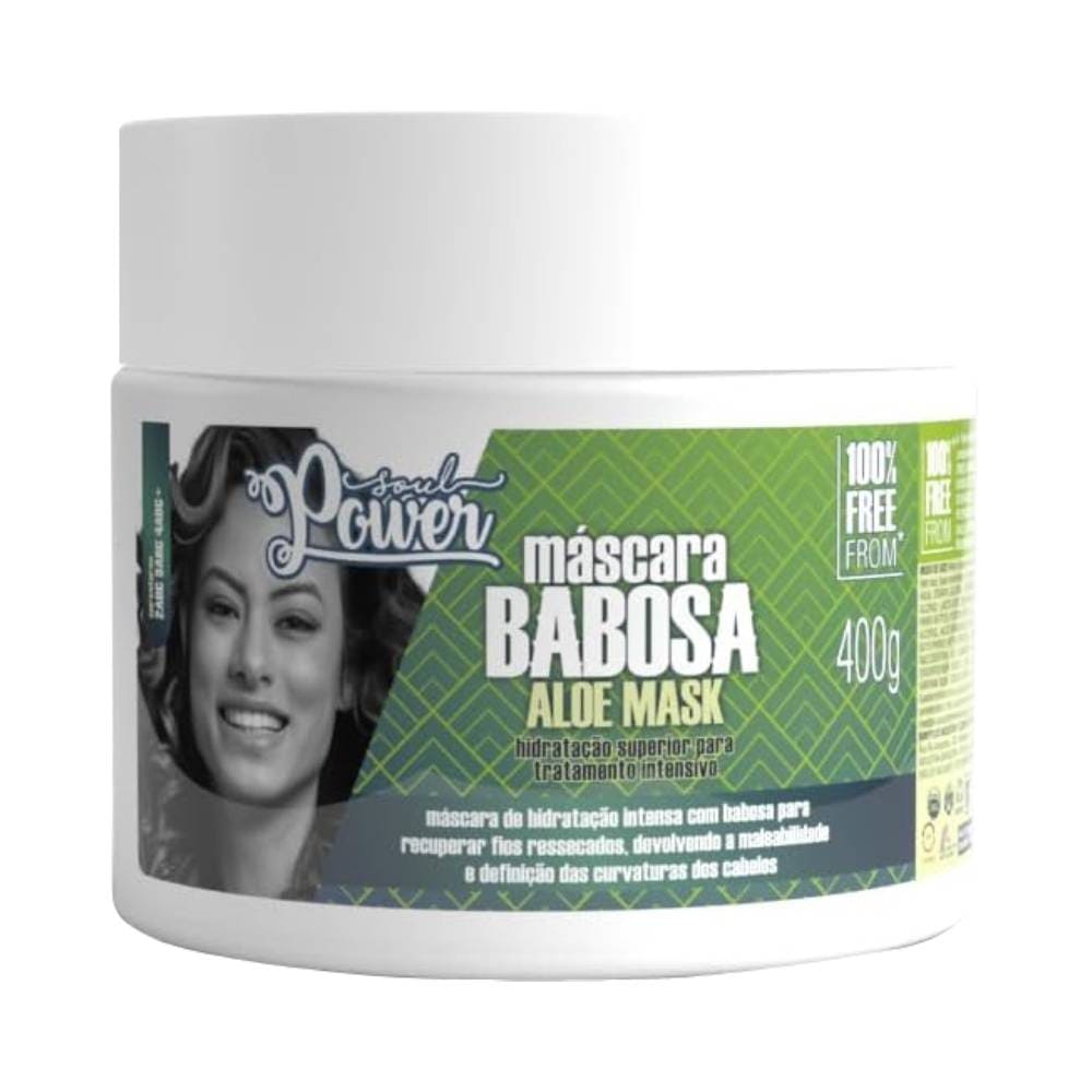 Pote da Máscara Babosa Soul Power Aloe Mask 400g com rótulo verde e branco