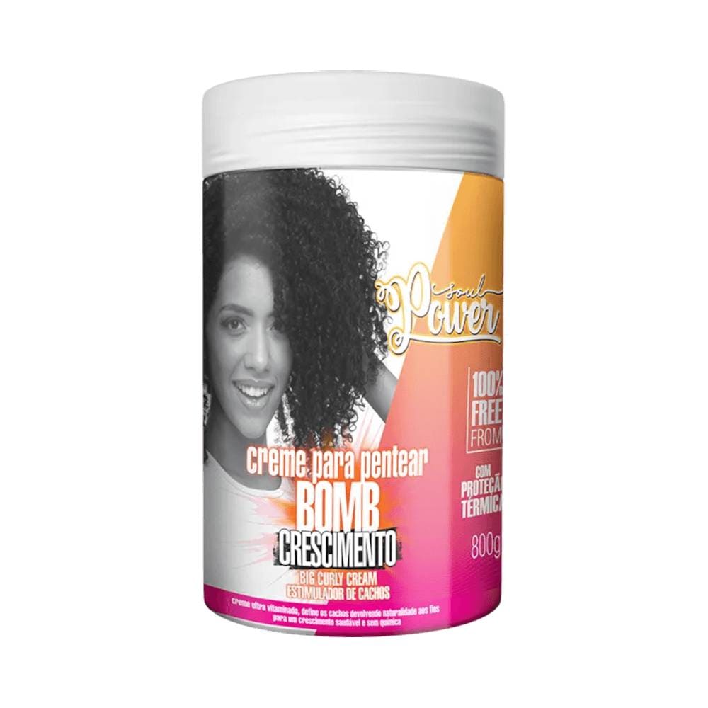 Creme para Pentear Soul Power Curly Cream Bomb 800g - pote branco com rótulo laranja e rosa e modelo com cabelo cacheado