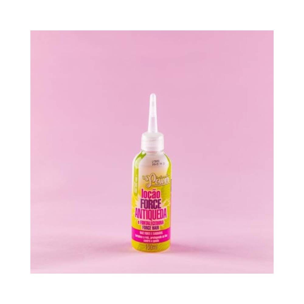 Loção Soul Power Force Antiqueda 100ml em fundo rosa, destaque para tampa aplicadora