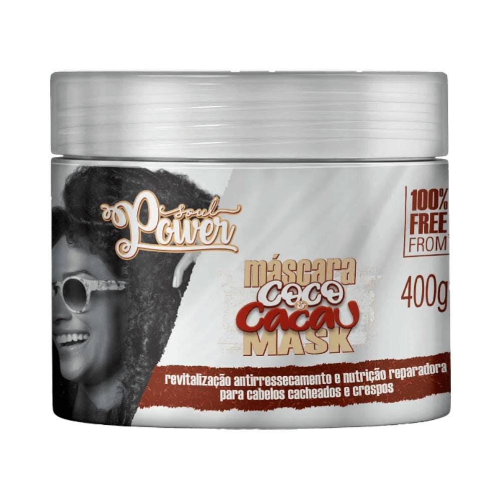 Máscara Soul Power Coco e Cacau 400g - frasco branco com rótulo marrom