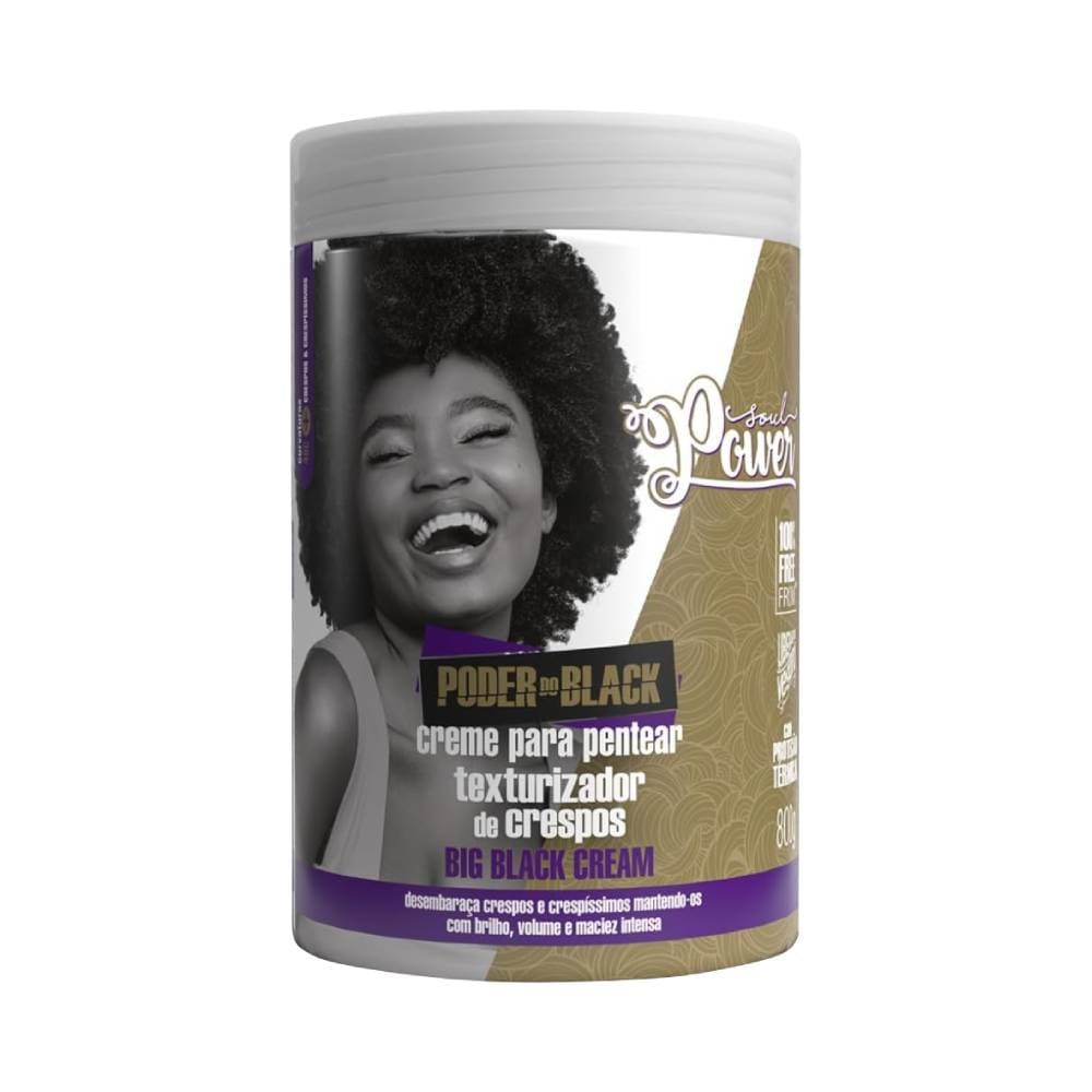 Creme para Pentear Soul Power Big Black Cream 800g - pote branco com rótulo e foto de mulher negra com cabelo crespo