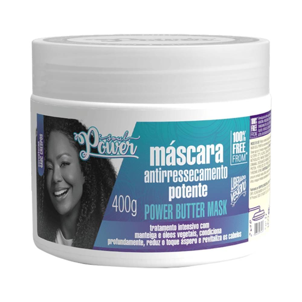 Pote da Máscara Soul Power Anti Ressecamento 400g - rótulo azul com imagem de mulher de cabelos crespos