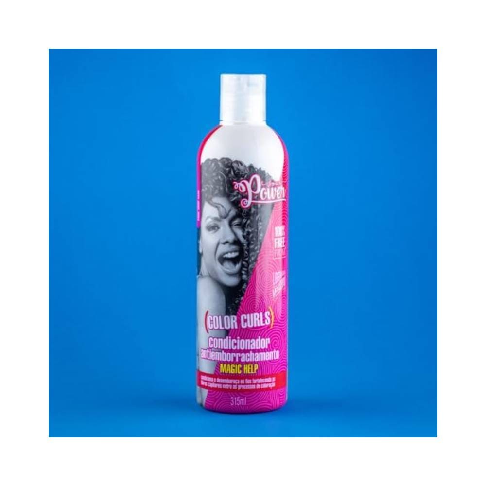 Frasco frontal do condicionador com rótulo rosa e imagem de mulher de cabelo cacheado