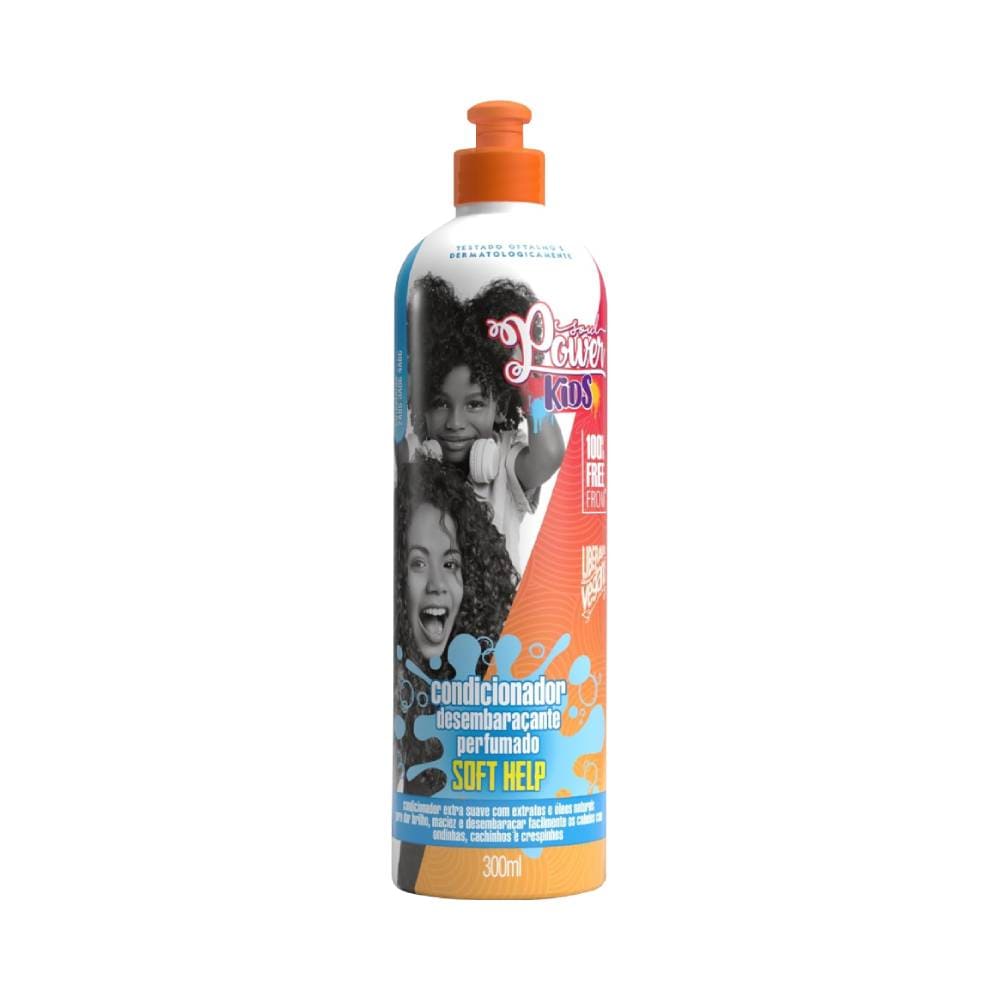 Frontal do condicionador Soul Power Kids Soft Help 300ml com rótulo colorido e crianças sorrindo
