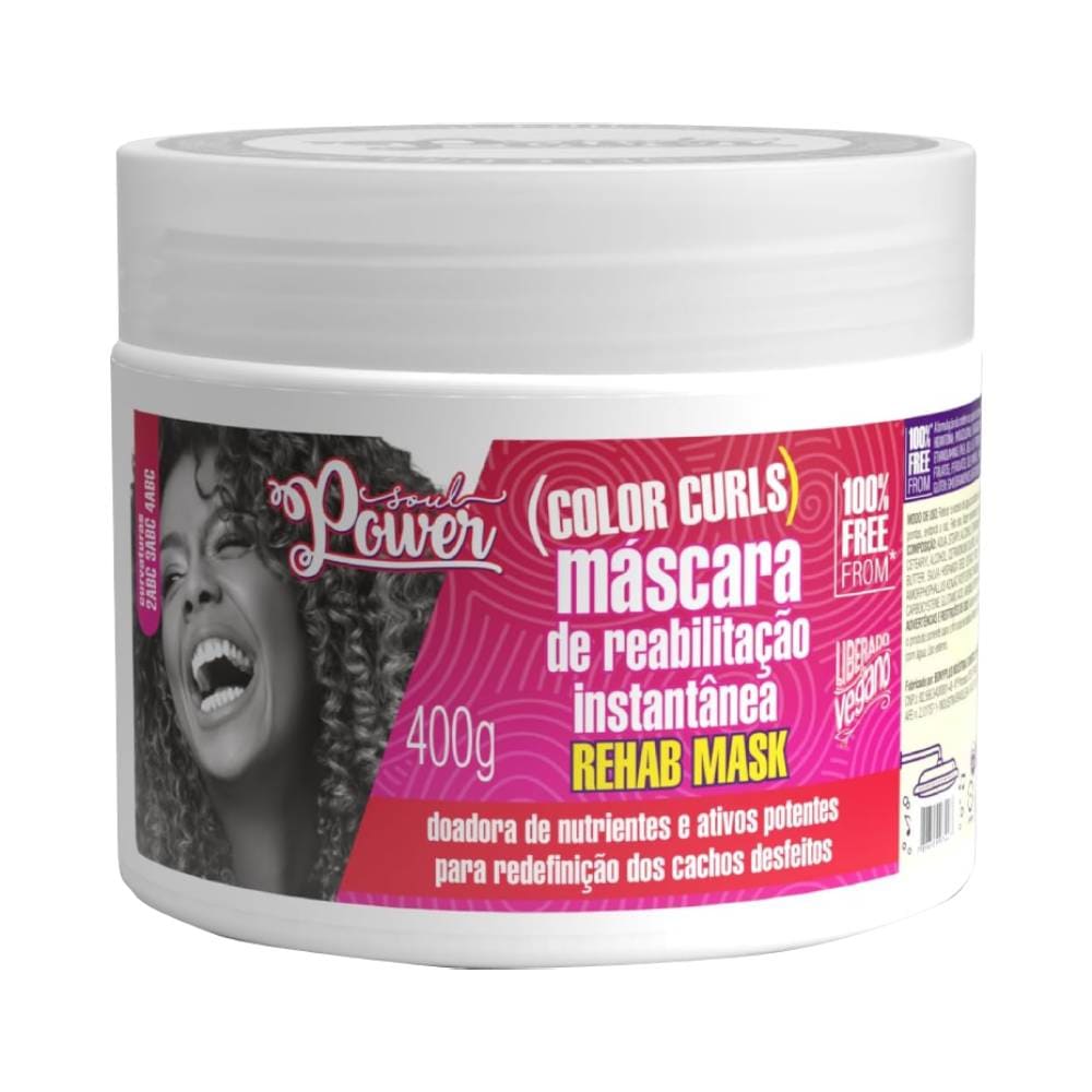 Máscara Beauty Color Soul Power Color Curls Rehab Mask 400g - embalagem branca e rosa com mulher de cabelos cacheados