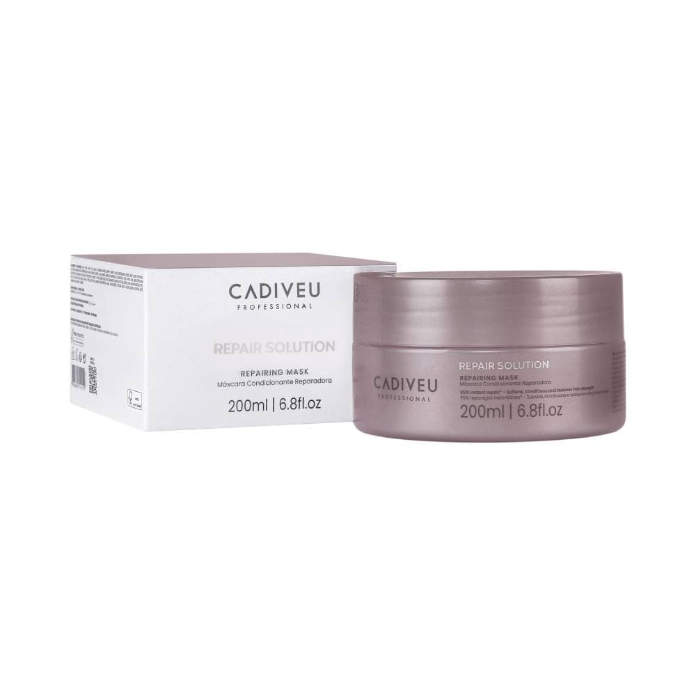 Máscara Cadiveu Repair Solution 200ml com caixa ao lado mostrando detalhes da embalagem