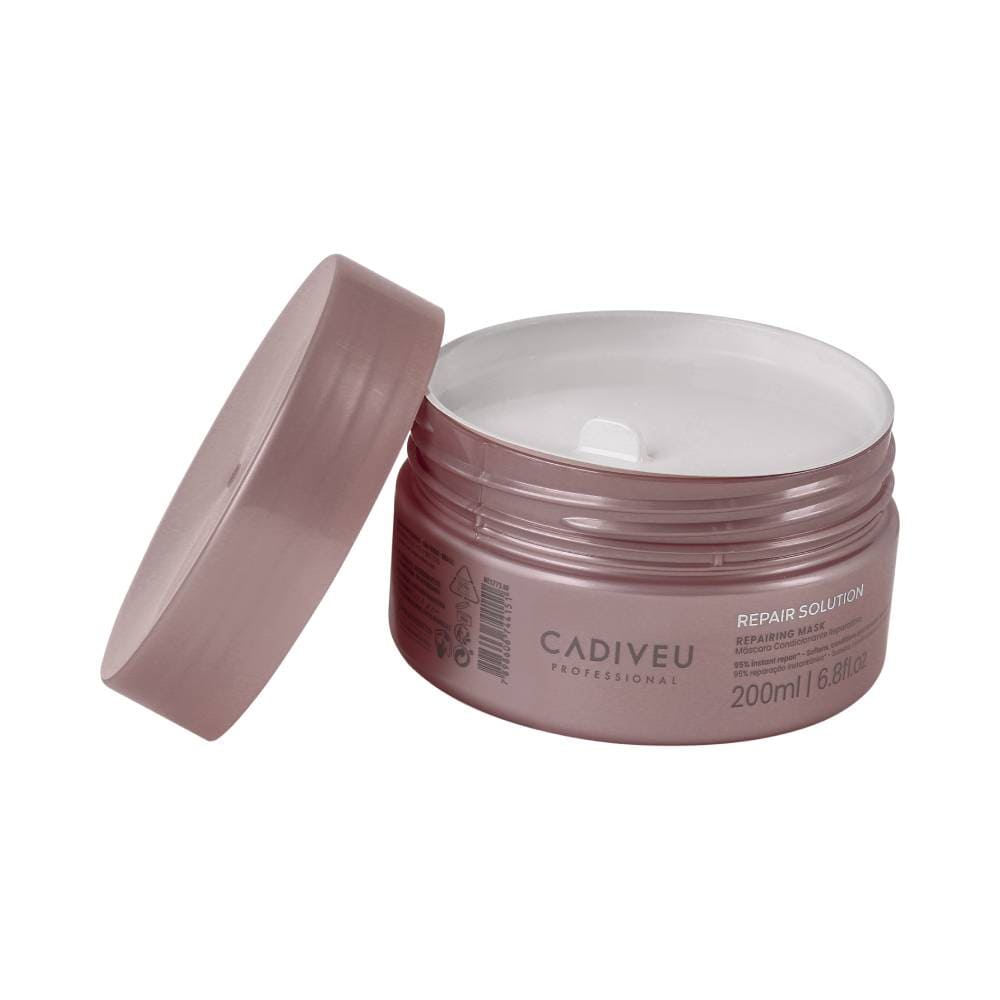 Tampa aberta mostrando creme branco da Máscara Cadiveu Repair Solution 200ml