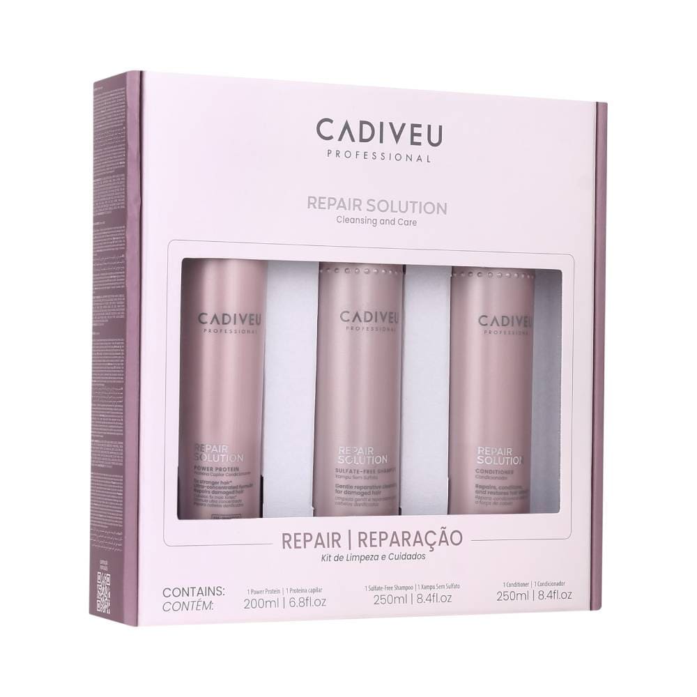 Embalagem do Kit Cadiveu Professional Repair Solution com Shampoo, Condicionador e Power Protein