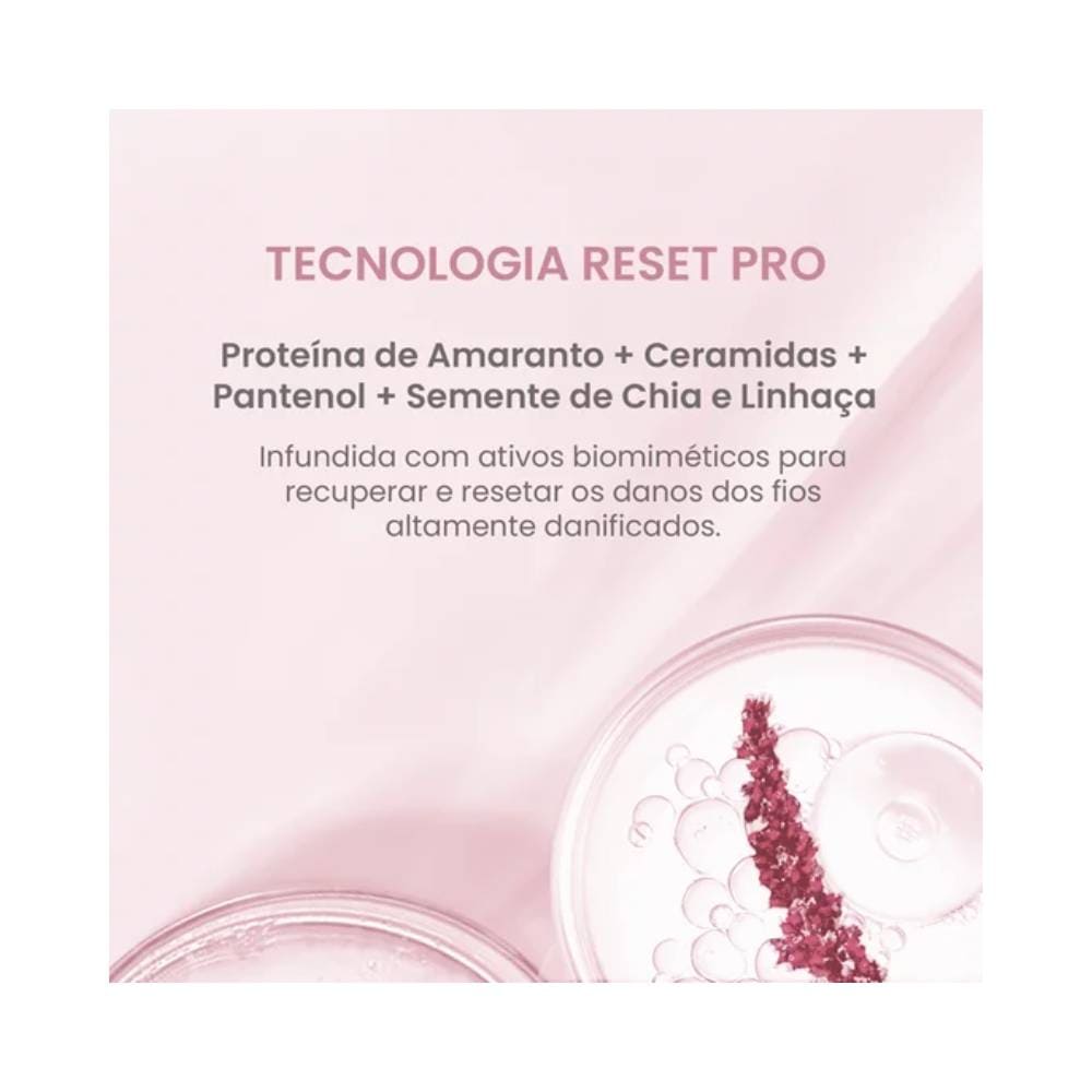 Imagem descritiva da tecnologia RESET PRO e ingredientes principais do condicionador