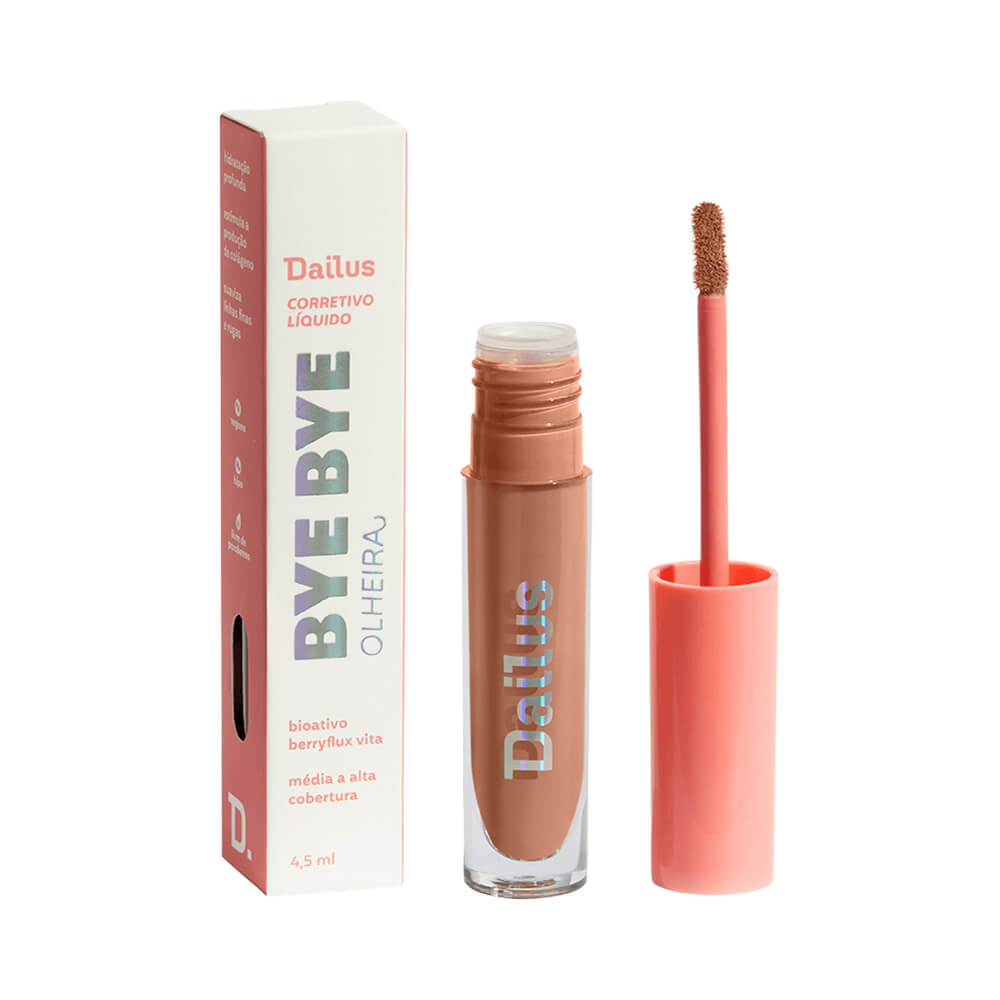 Corretivo Líquido Dailus Bye Bye Olheira D.13 Salmão - frasco transparente com tampa rosa e aplicador