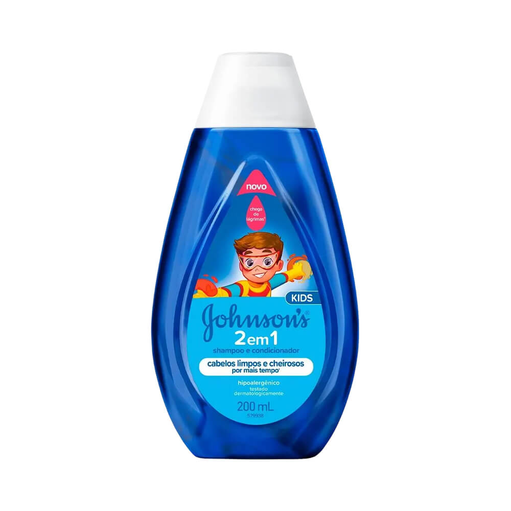 Frasco do Shampoo Johnson Baby 2 em 1 200ml - embalagem azul com tampa branca