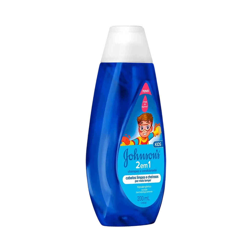 Visão lateral do Shampoo Johnson Baby 2 em 1 200ml mostrando rótulo e indicação Chega de Lágrimas®