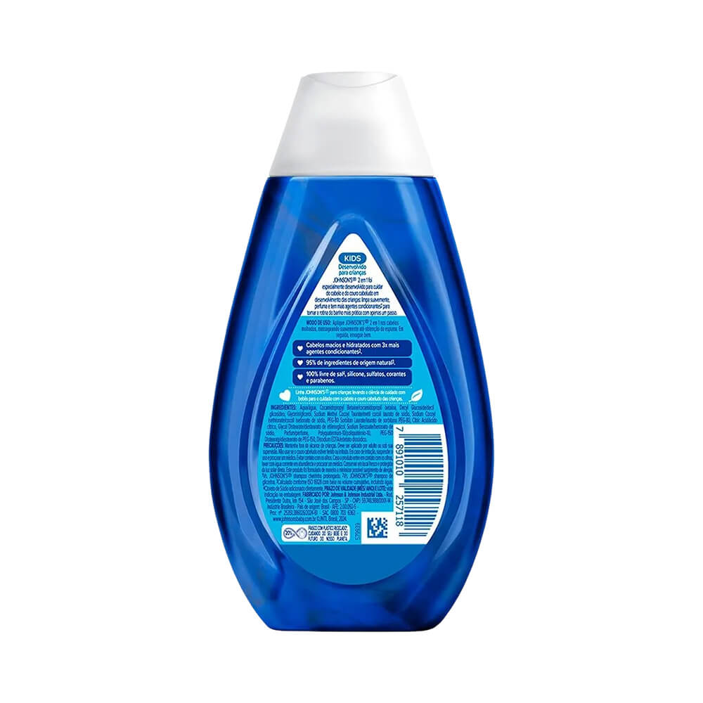 Vista traseira da embalagem do Shampoo Johnson Baby 2 em 1 200ml com informações e ingredientes