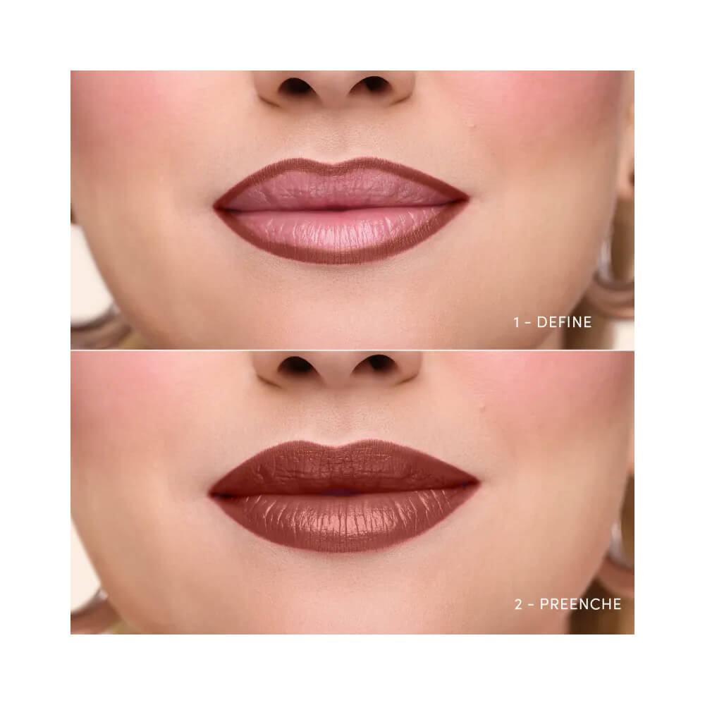 Efeito do Batom Niina Secrets Duo Perfect Match Avelã aplicado nos lábios mostrando contorno e preenchimento