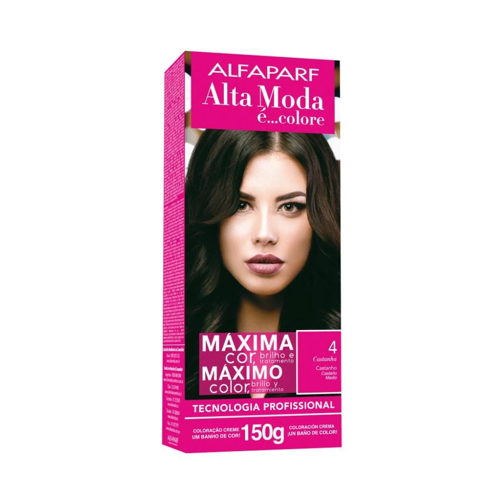Caixa da coloração Alta Moda 4 Castanho mostrando embalagem rosa e modelo de cabelos castanhos