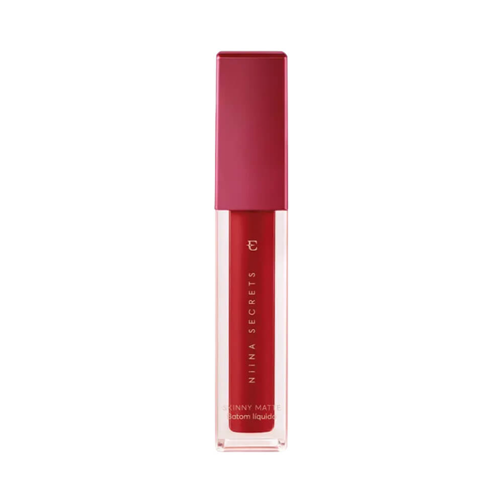 Batom líquido Niina Secrets Skinny Matte Vermelho Hibisco, frasco transparente com tampa vermelho escuro