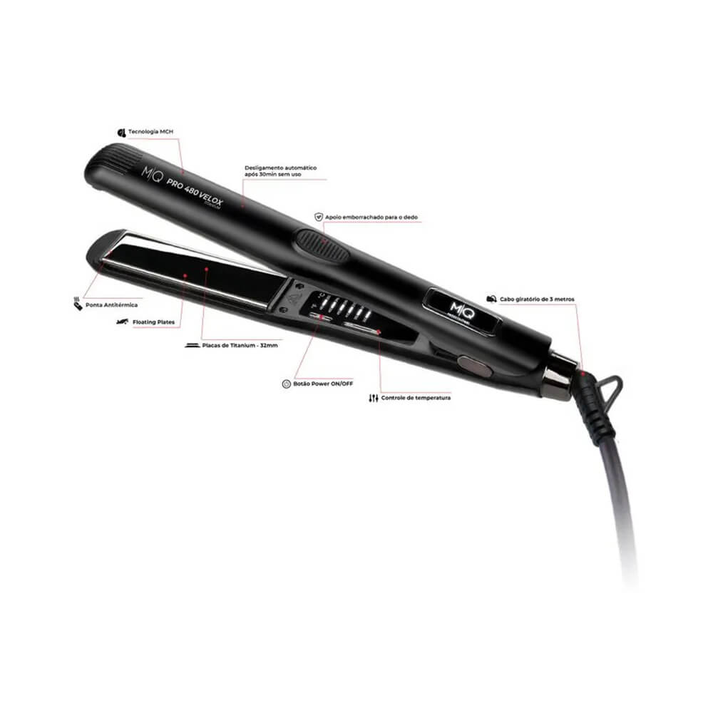 Chapa MQ Pro 480 Velox Titanium com anotações de atributos: MCH, desligamento automático, cabo giratório e placas de 32mm