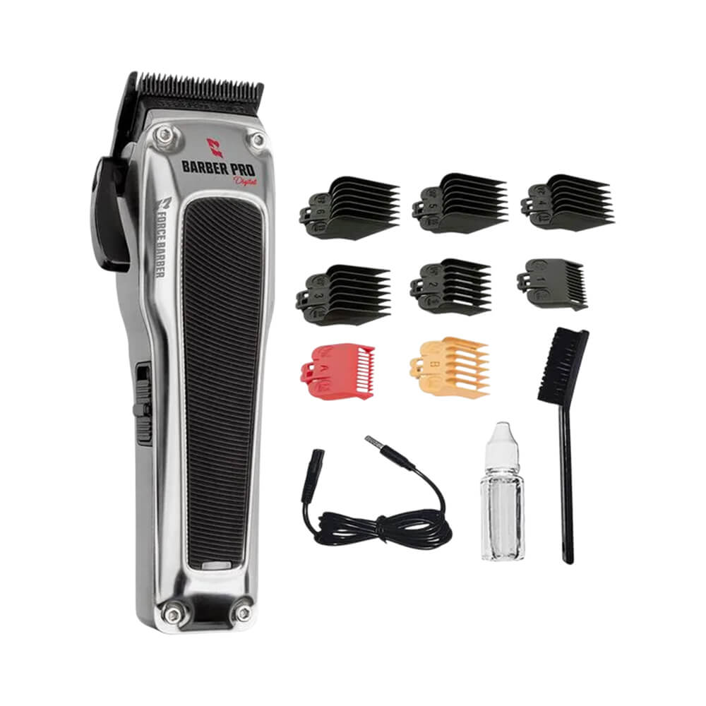 Máquina MQ Barber Pro Digital com acessórios: pentes, escova, óleo e cabo de carregamento
