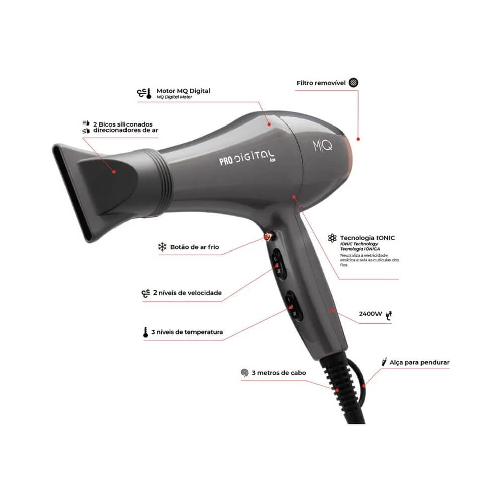 Imagem detalhada com motor digital, filtro removível e bicos direcionadores do secador MQ Pro Digital
