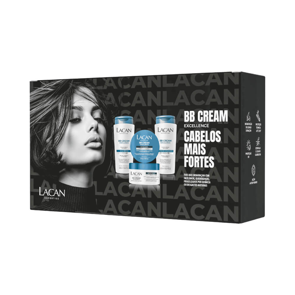 Kit Lacan BB Cream Excellence com embalagens brancas e tampas azuis, destacando proteção, fortalecimento e hidratação