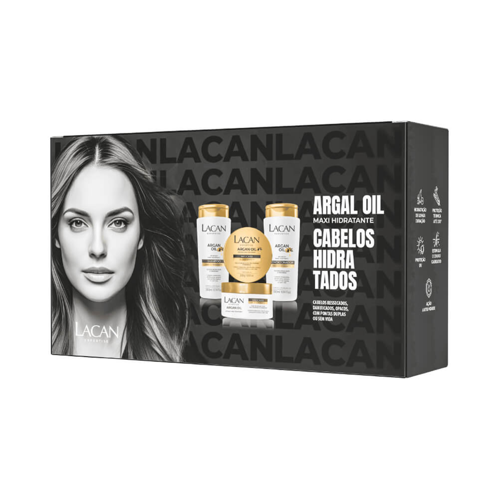 Kit Lacan Argan Oil: shampoo, condicionador e máscara 300ml em embalagem branca e dourada