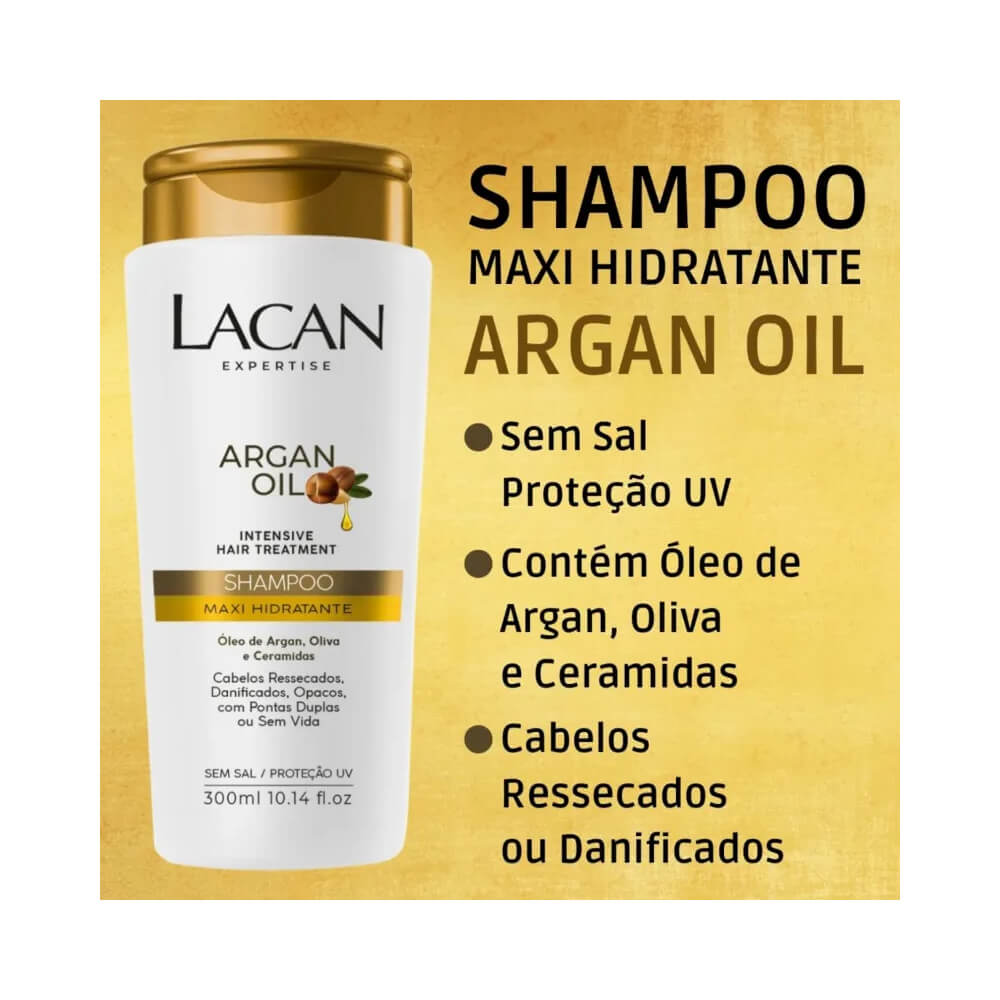 Frasco do Shampoo Lacan Argan Oil sobre fundo dourado