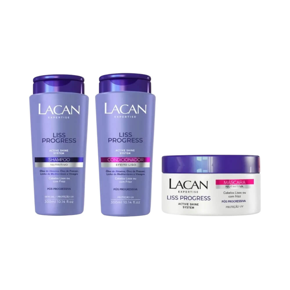 Frascos lilás do Kit Lacan Liss Progress sobre fundo branco