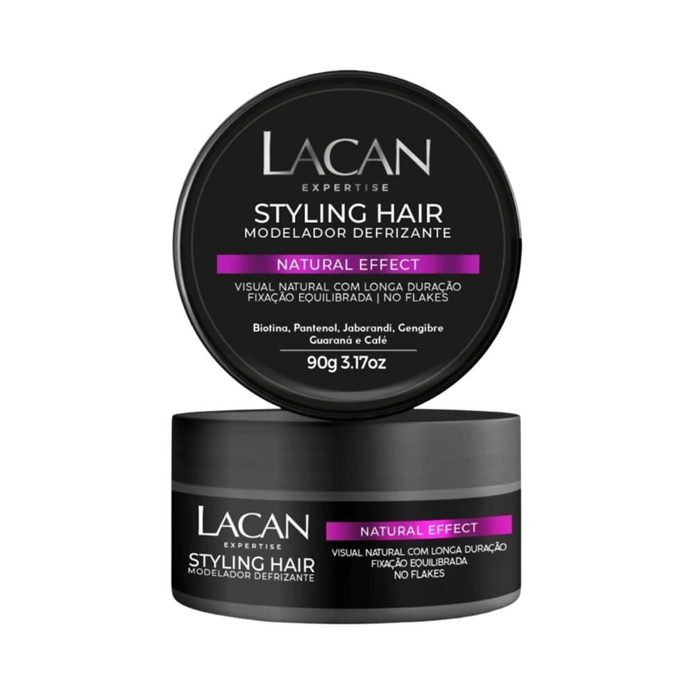Dois potes do Modelador Lacan Styling Hair Natural Effect 90g em fundo claro