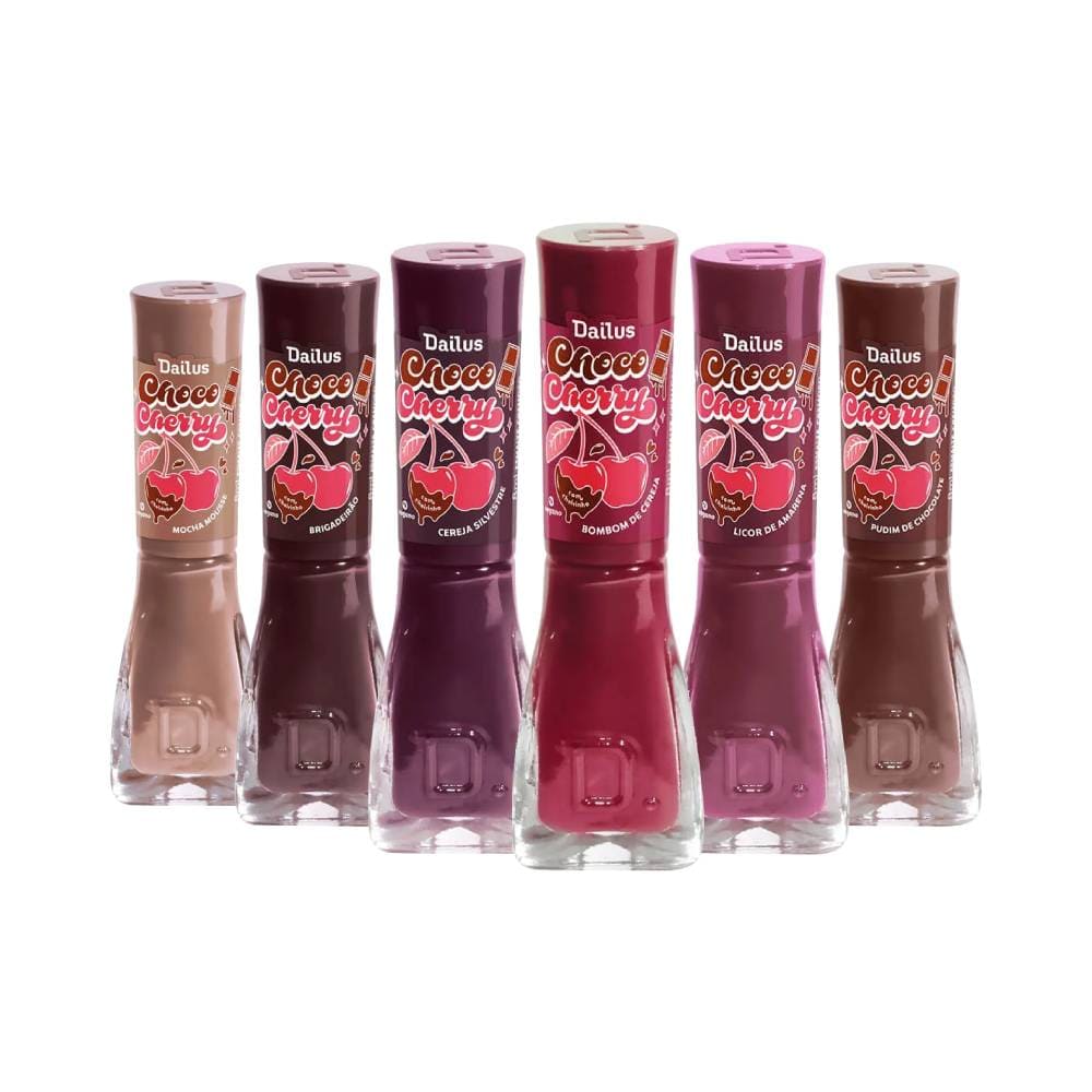 Kit Esmalte Dailus Choco Cherry 6 cores em frascos com tampas coloridas sobre fundo branco