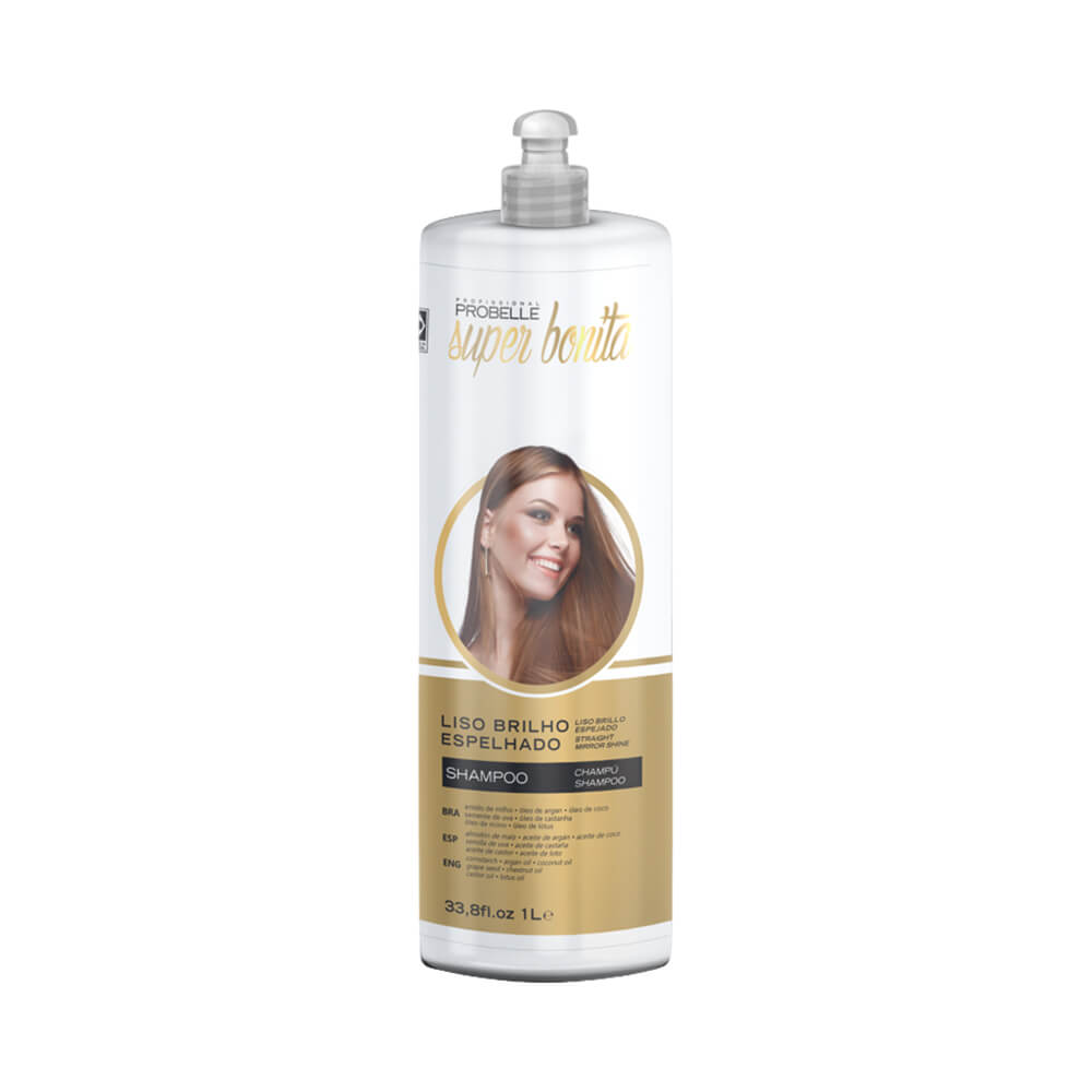 Shampoo Probelle Super Bonita Liso Brilho Espelhado 1L - embalagem branca com detalhes dourados