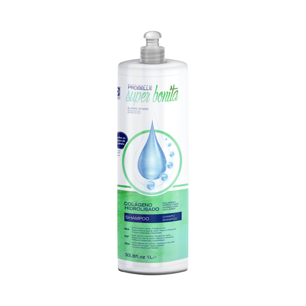 Shampoo Probelle Super Bonita Colágeno Hidrolisado 1L embalagem branca com pump