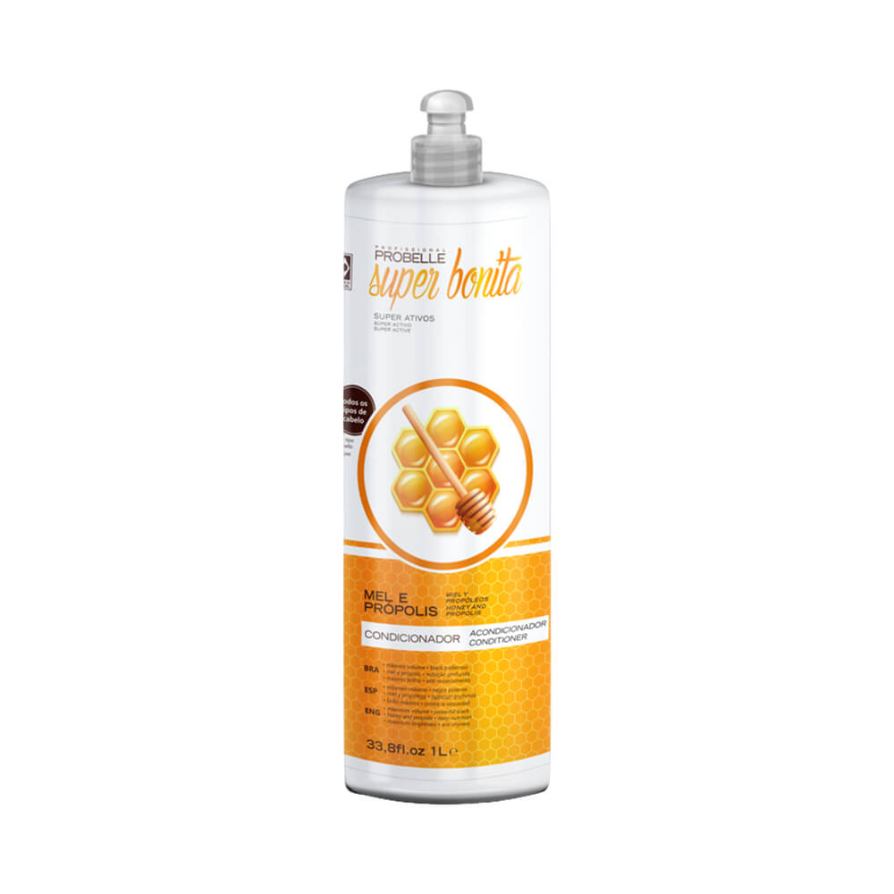 Condicionador Probelle Super Bonita Mel e Própolis 1L em frasco branco com pump, com ilustração de favo de mel