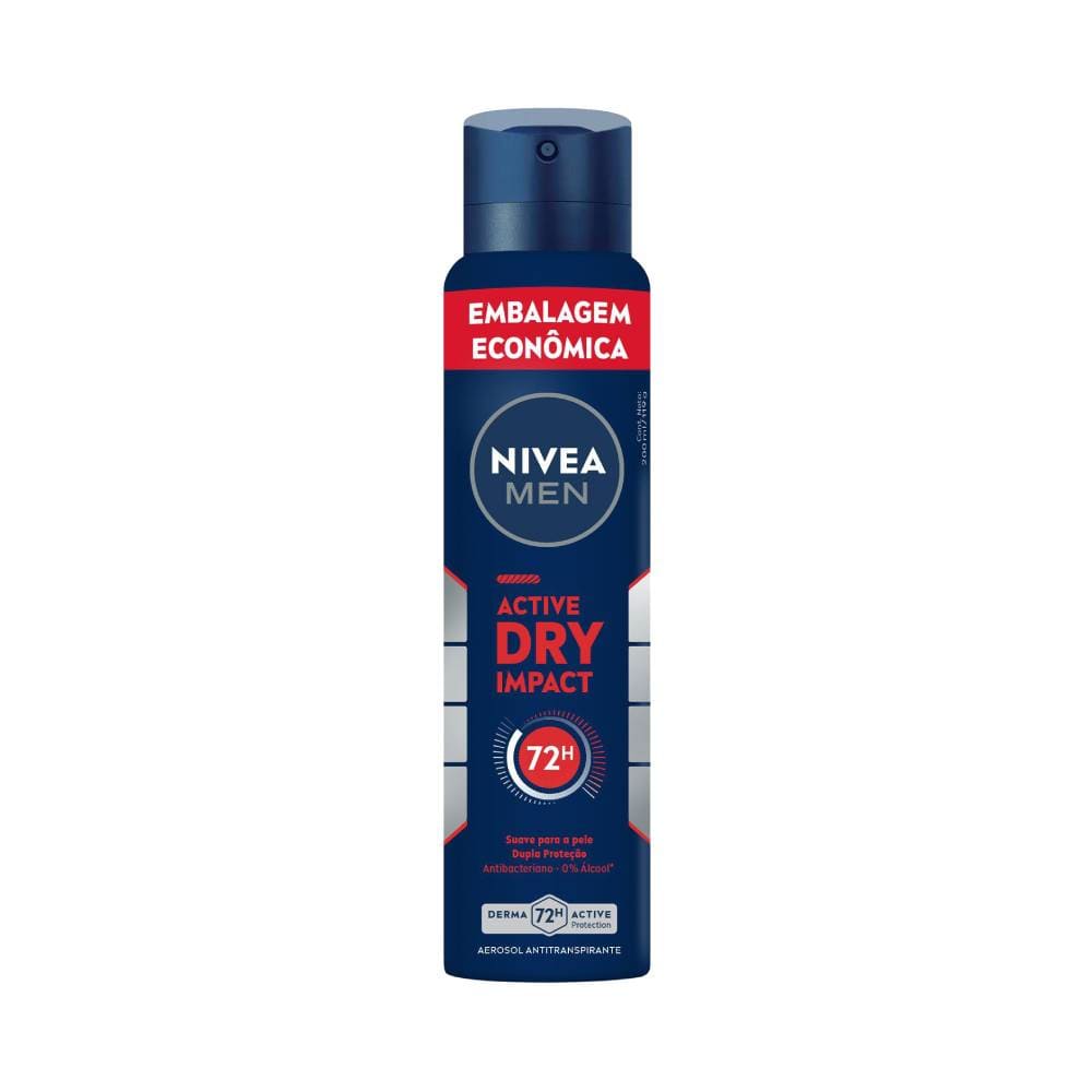 Desodorante Aerosol Nivea Active Dry Impact 200ml - embalagem azul com destaque proteção 72h