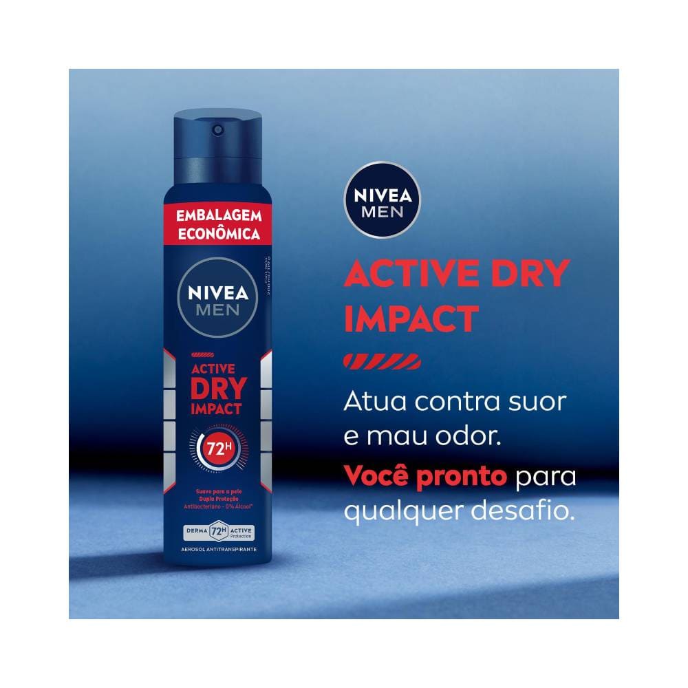 Desodorante Nivea Active Dry Impact 200ml ao lado de texto promocional em fundo azul