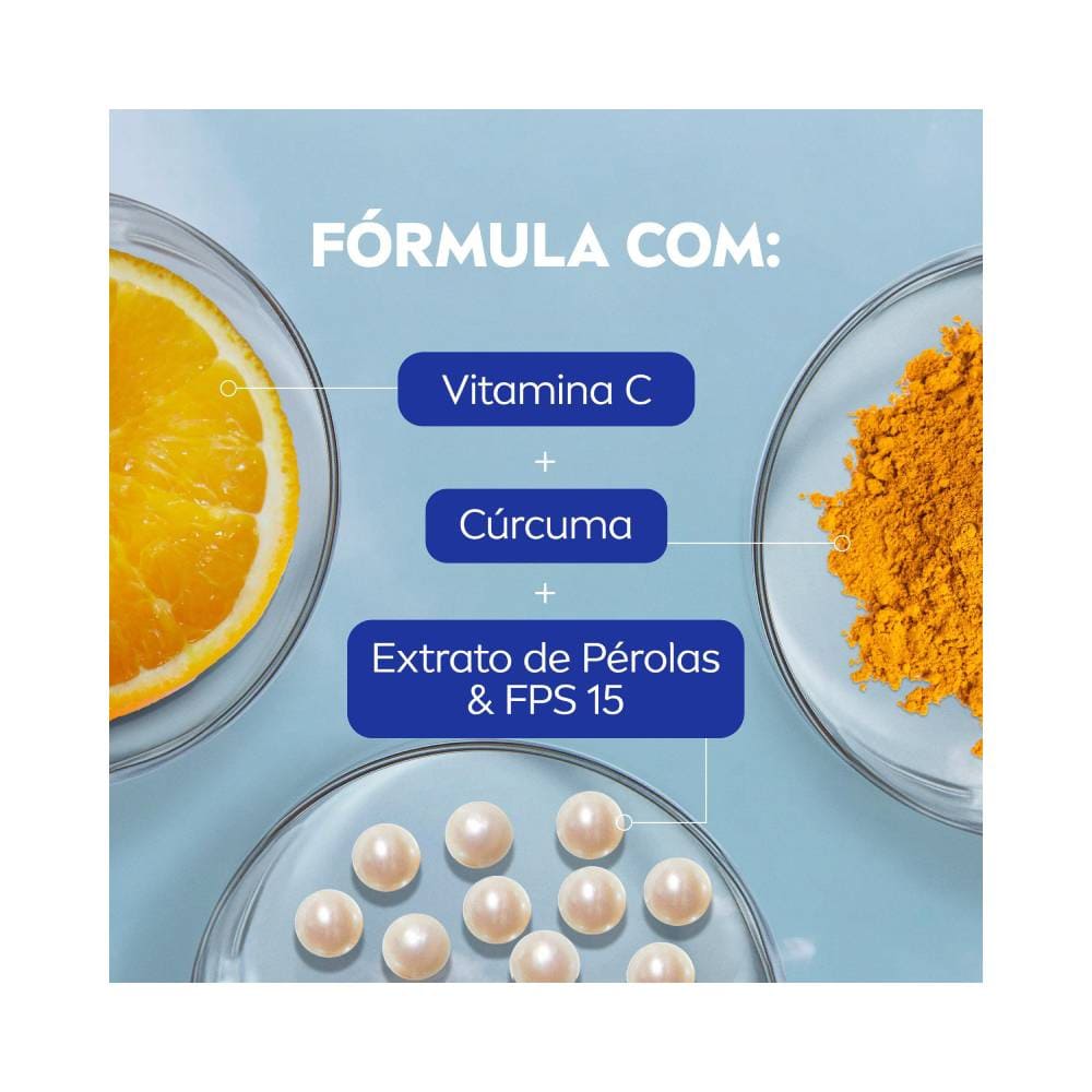Ingredientes do hidratante: Vitamina C, cúrcuma, extrato de pérolas e indicação de FPS 15 em fundo azul claro