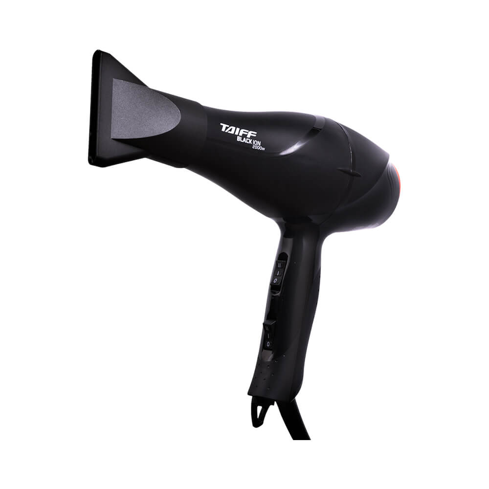 Secador Taiff Black Íon 2000w visto de lado com bocal direcionador