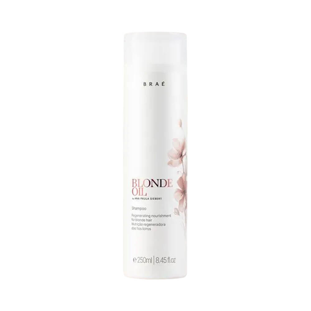 Frontal do Shampoo Braé Blonde Oil 250ml - embalagem branca com detalhes rosa