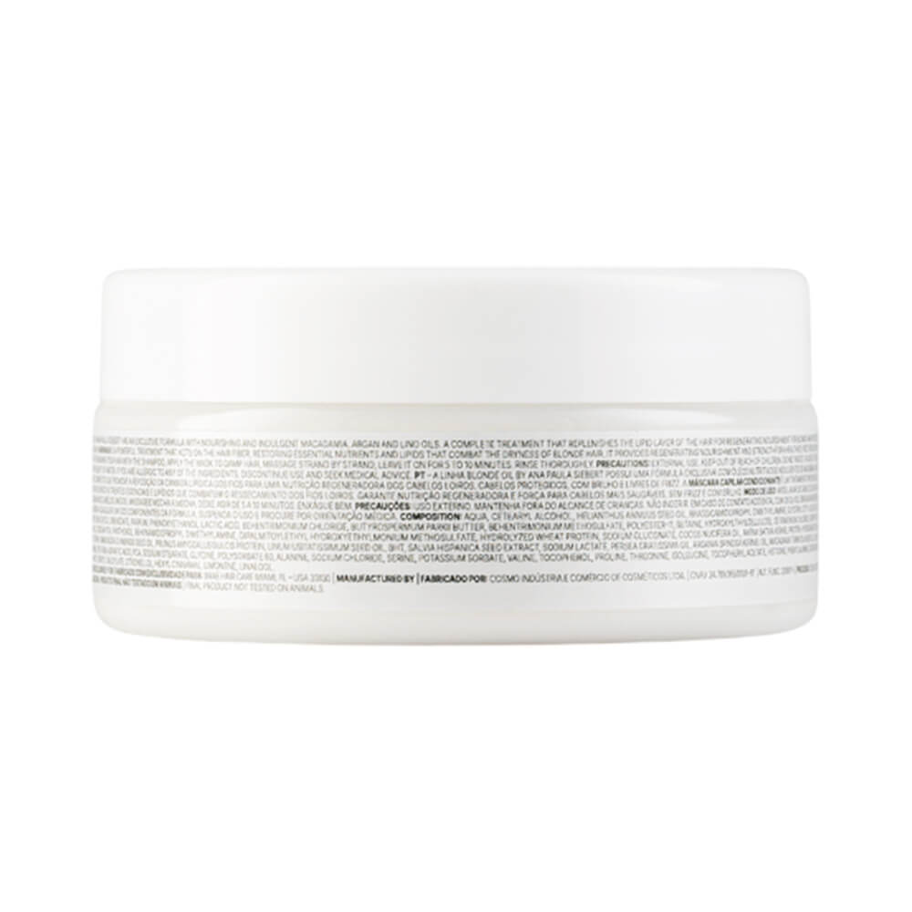 Verso do pote mostrando ingredientes e modo de uso da Máscara Braé Blonde Oil