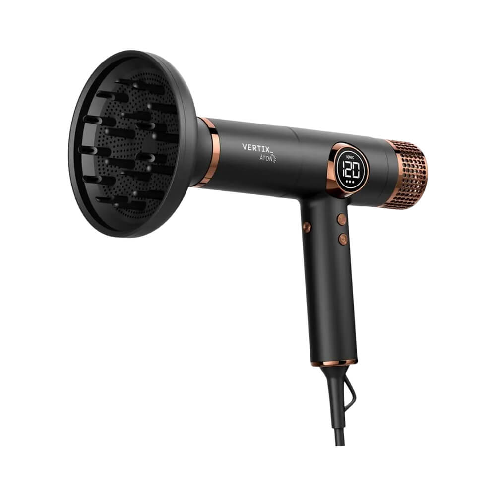 Secador Vertix Áton com difusor acoplado mostrando modelagem e volume