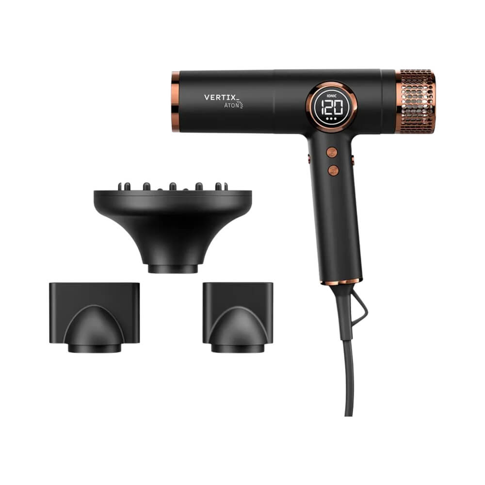 Secador Vertix Áton bivolt com difusor e bocais mostrando acessórios