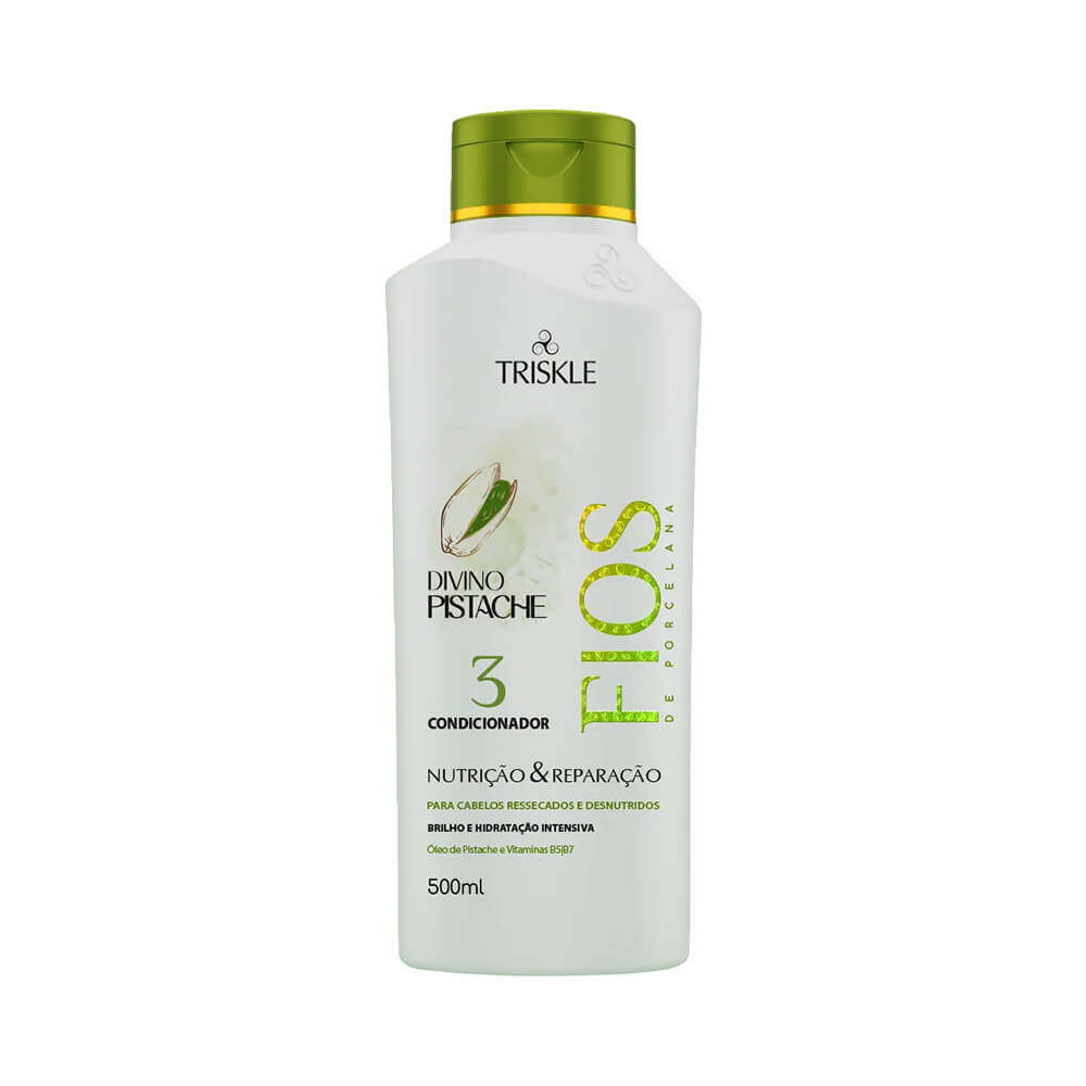 Condicionador Triskle Fios de Porcelana Divino Pistache 500ml - embalagem branca com tampa pistache