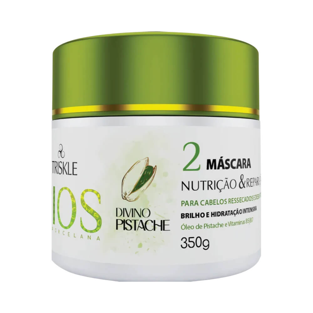 Máscara Capilar Triskle Divino Pistache 350g - pote branco com tampa verde pistache