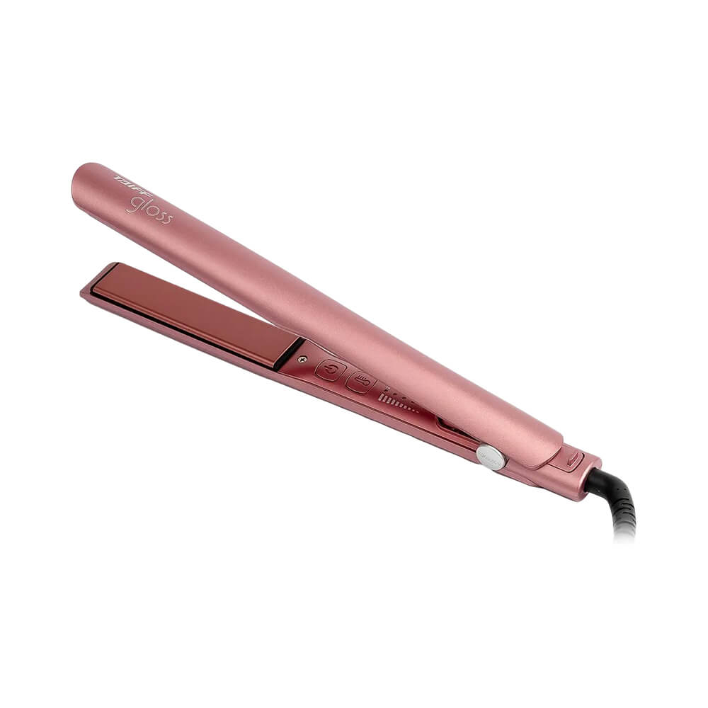 Chapa Taiff Gloss Rose bivolt vista lateral com placas largas e design rosa metálico