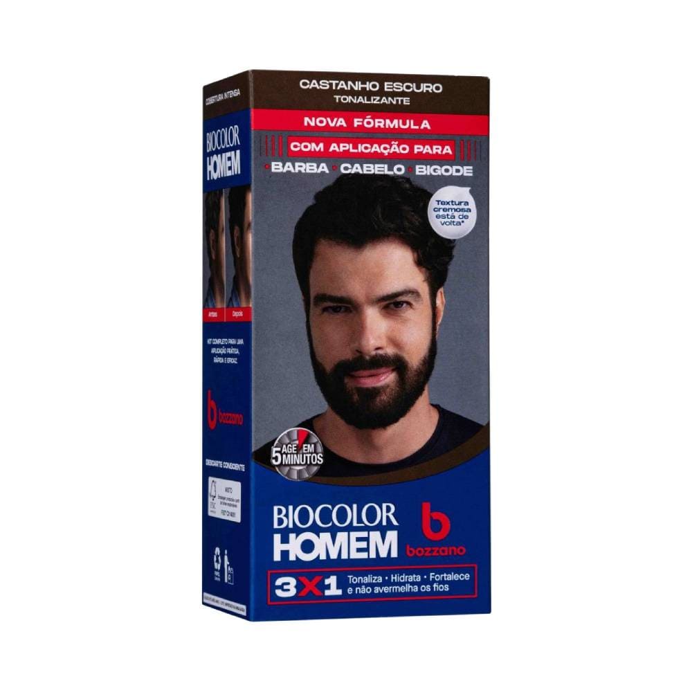 Embalagem do Tonalizante Biocolor Homem Bozzano Castanho Escuro com destaque para aplicação em cabelo e barba
